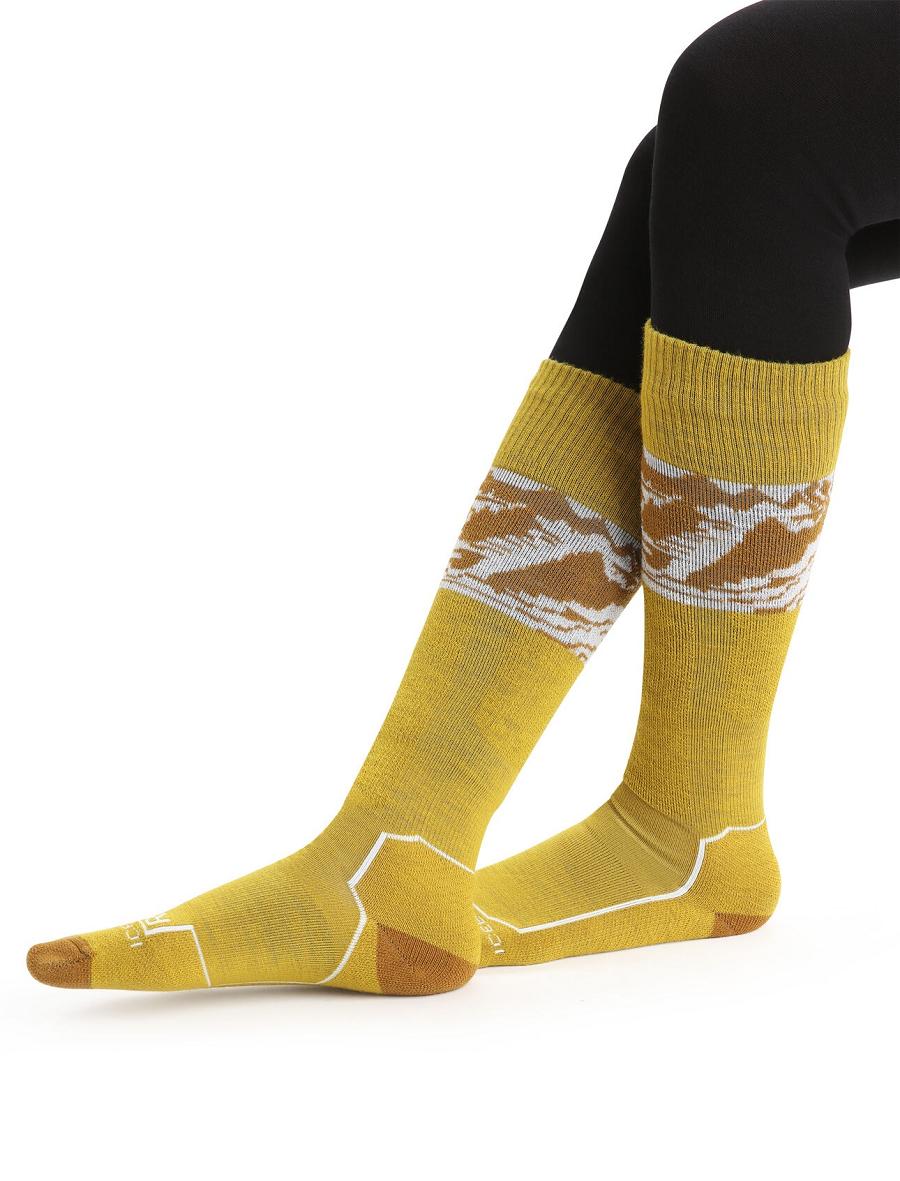 Women\'s Icebreaker Merino Ski+ Light Over the Calf Alps 3D Socks Silent Gold / Clove | CA 1543UZGT